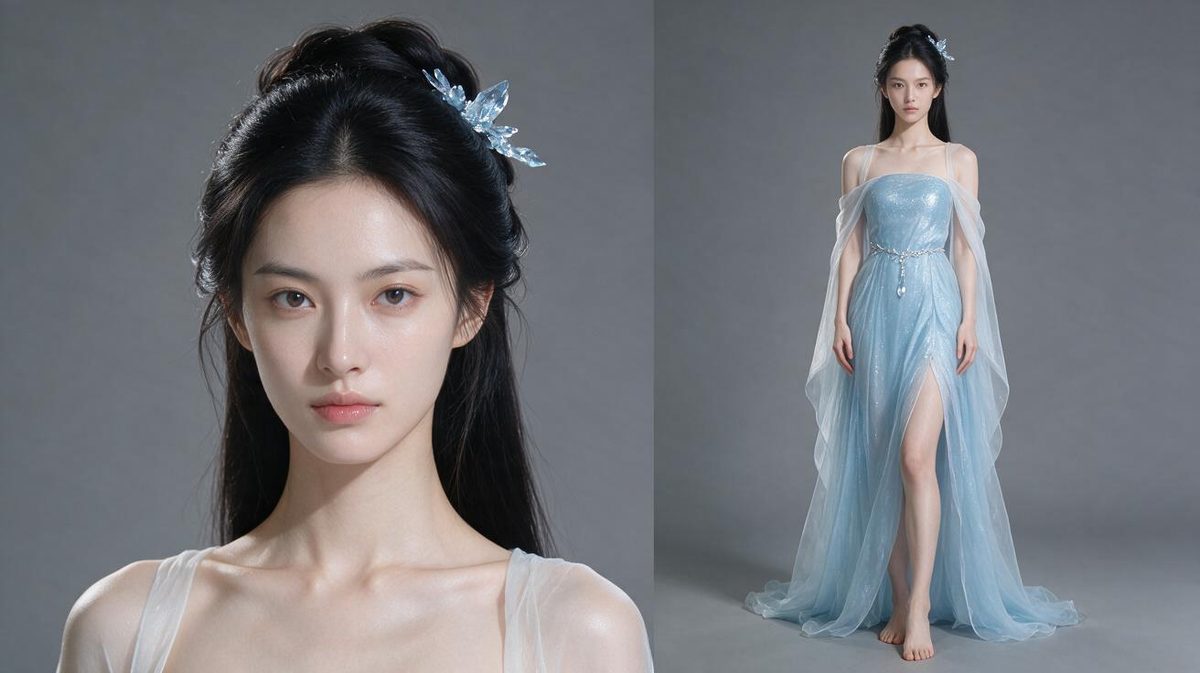 Su Xue's original character reference combines a facial close-up with a full-body costume view.