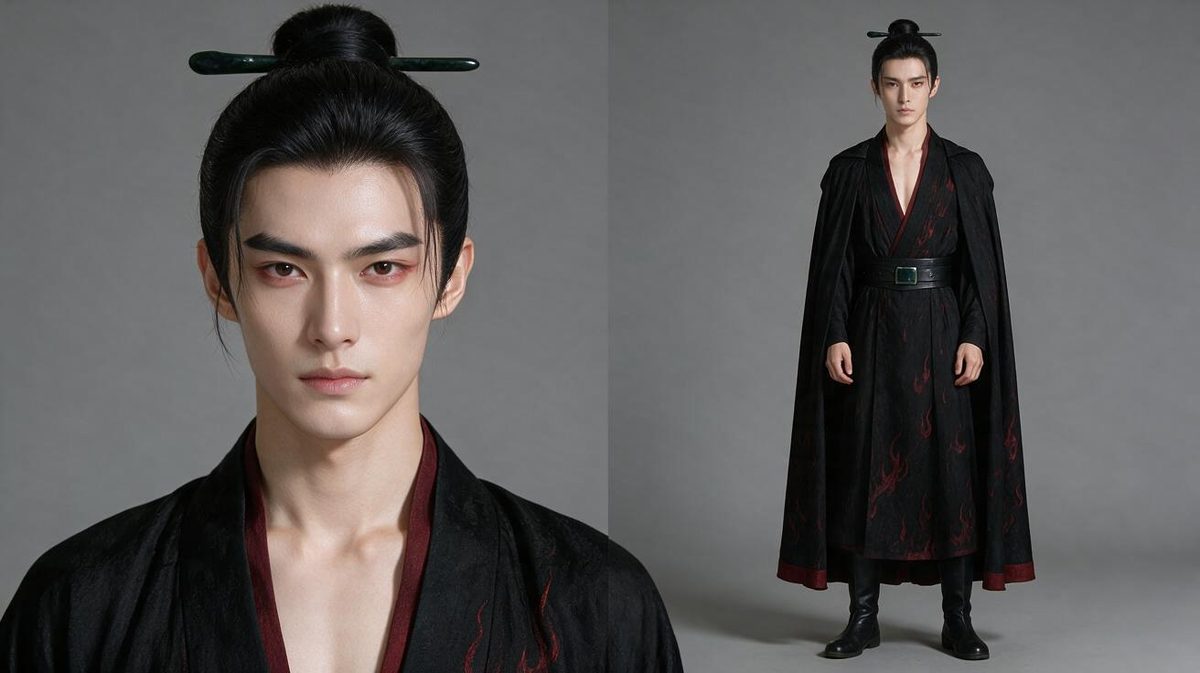 Mo Han's original character reference shows his face, dark costume and full-body silhouette.
