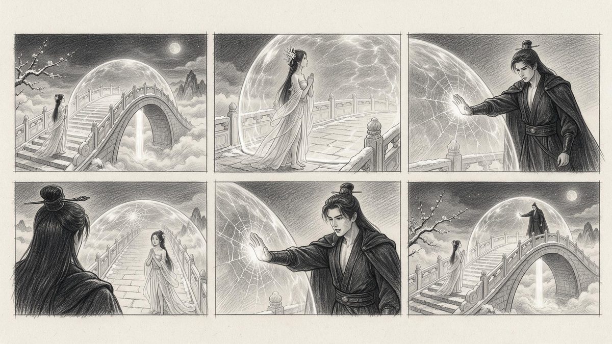 The original six-panel storyboard for this same scene, read left to right and top to bottom.