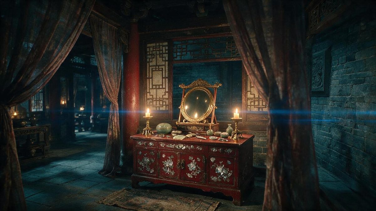 画眉偏殿的妆台。戏就在这儿，两条片子都没离开过这张台子