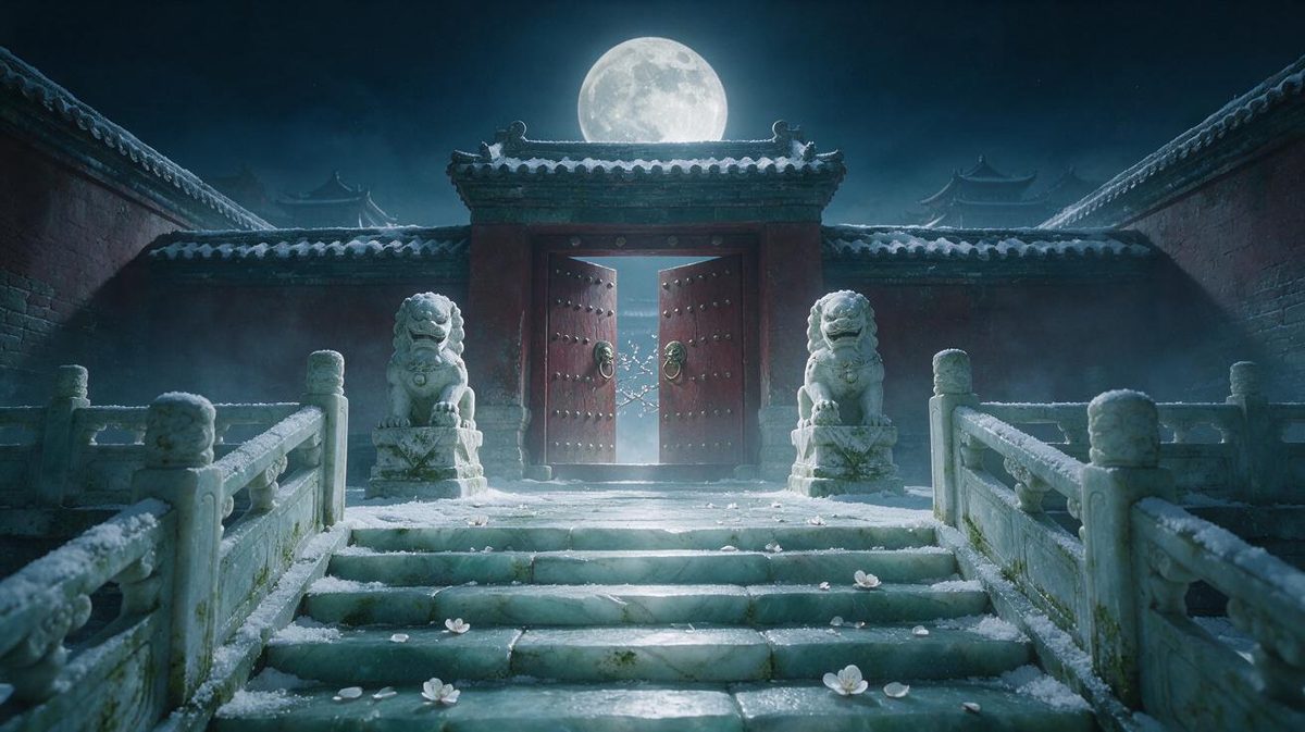 朱红宫门口，月亮悬在宫檐上方