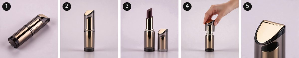 The five original lipstick reference photos: closed package, upright package, exposed lipstick, a hand lifting the cap, and a cap close-up