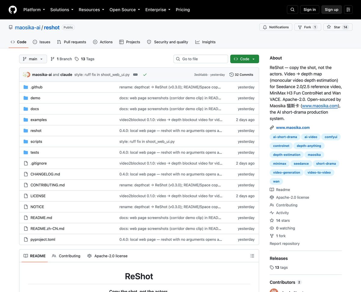 GitHub 上的 ReShot 仓库